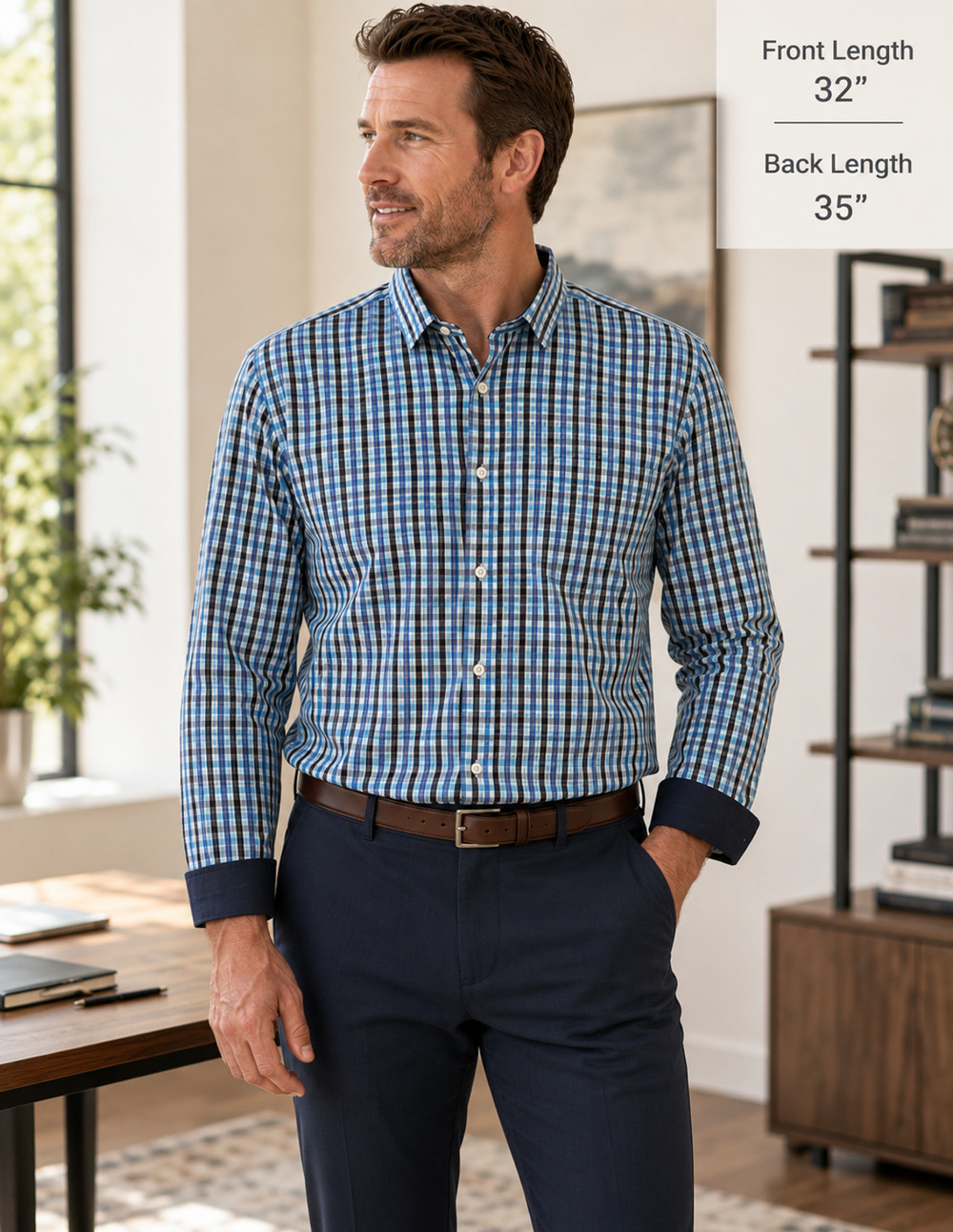 T.M. Lewin 17.5 Regular Fit Two Fold Cotton Blue Plaid Check Dress Shirt Office
